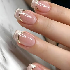 24Pcs Gradient Color Fake Nail Simple Short Ballet Wearable False Nails with Cat Eye Design Press on Nails Full Cover Nail Tips