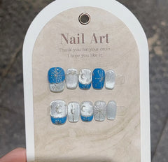 10Pcs Retro Bohemian Manicure Art Full Cover Gold Star Moon Design Cool Fake Nails Detachable Handmade Blue Ballet Fashion Nails