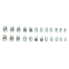 24pcs Shiny Green Cat Eye False Nails Cute Seal Print Fake Nails Tips Wearable Reusable Glossy Short Round Press on Nails