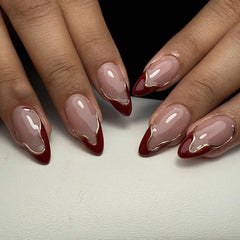 24Pcs French Retro Red Nail Art Full Cover Irregular Gilded Minimalism Press on Fake Nails Detachable Mid-length Almond Manicure