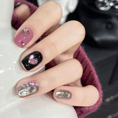 24Pcs Dark Black Stars Cat's Eye Press on Nails Set Summer Cute Wearing Short Fake Nail Patch Detachable Finished Nail Tips Art
