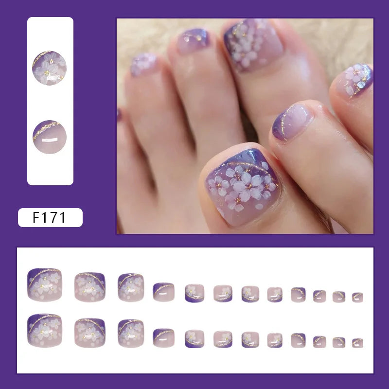 24pcs Summer Blue False Toenails Shiny Powder Cat Eye Fake Toenails Tips Wearable Detachable Spice Girl Press on Toe nails