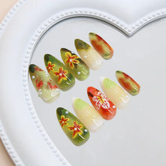 24pcs Flower Print Press on Nails Retro Color Blush Almond Fake Nail Tips Detachable Wearable Sweet Cool Spice Girl False Nails