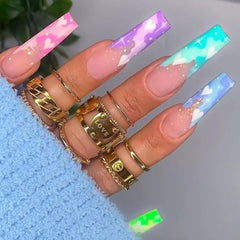24Pcs Glitter Long Coffin French False Nails with Blue Rhinestone Design Removable Wearable Ballet Press on Nails Manicure