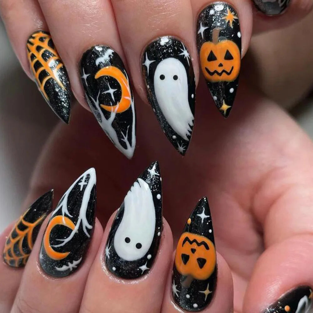 24pcs Black Bat Printed Fake Nails Halloween White Ghost Pattern False Nails for Women Wearable European Almond Press on Nails