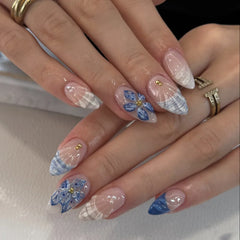 24pcs Blue Ocean Fake Nails Beach Shells Pearl Diamond Design False Nail Tips Korean Sweet Girls Wearable Almond Press on Nails