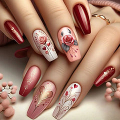 24pcs/set short Medium fake nails square ballet almond nail tips pink beautiful heart for Valentine's Day press on false nails