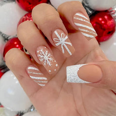 2025 New Christmas Fake Nail Tips Wearable Almond False Nails with Snowflake Flower Print European Xmas New Year Press on Nails