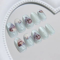 24pcs Shiny Green Cat Eye False Nails Cute Seal Print Fake Nails Tips Wearable Reusable Glossy Short Round Press on Nails