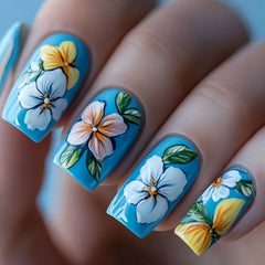 24pcs/set Medium Long fake nails for Spring summer beautiful flowers mushroom bees cute almond square tips press on false nails