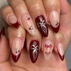 24Pcs 3D Bow French Press on Nails Set with Almond Design Long Stiletto Y2k Fake Nail Art Blue Wearable French False Nails Tips