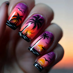 Short middle square ballet fake nails sparkling plant flowers maple leaves gradient Peacock feathers press on false nails set