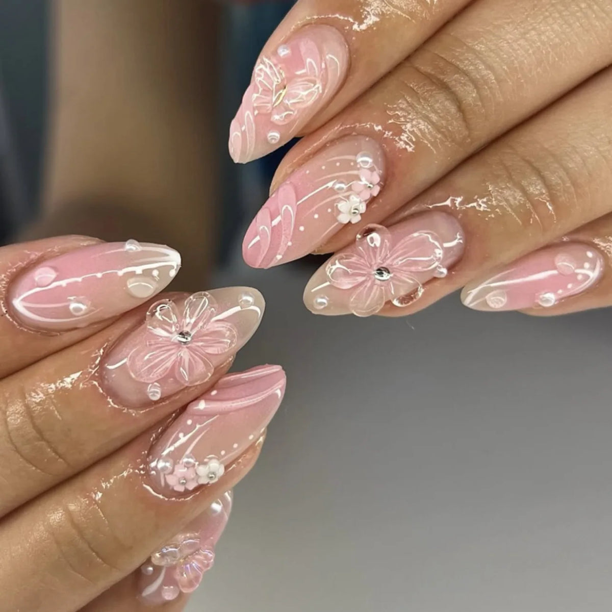 24pcs Sweet Pink Press on Nails 3D Butterfly Flowers Decor False Nail Tips Wearable Detachable Ins Korean Almond Fake Nails