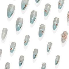 24pcs 3D Carved Petal Decor False Nails Gradient Blue Almond Fake Nails Tips Wearable Detachable Spice Girl Press on Nails