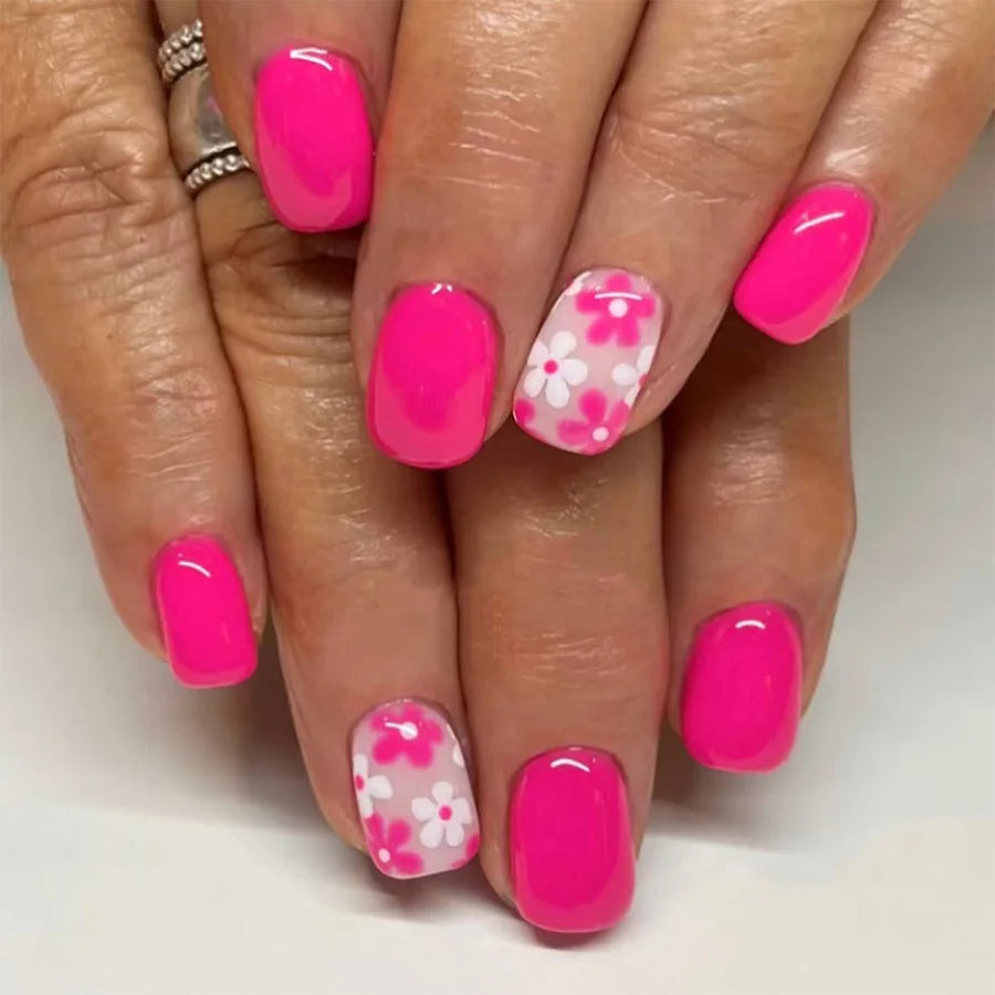 24Pcs Colorful French Press on Fake Nails with Glue Short Square Nail Art Tips Flower Design Wearable Full Cover False Nails