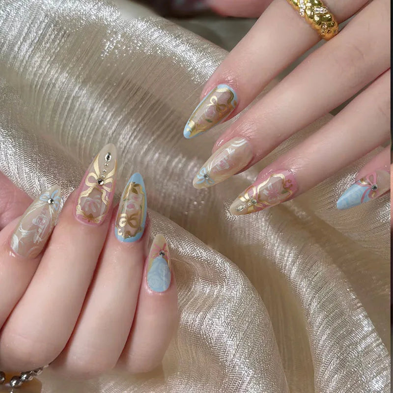 24pcs Sweet Rose Pattern False Nails Ins Korean Girl Fake Nails Tips Wearable Detachable Sweet Cool Almond Press on Nails