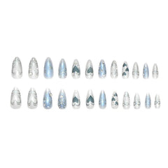24pcs Y2k Love False Nails Sweet Cool Blue Blush Butterfly Print Fake Nails Tips Wearable Detachable Almond Press on Nails