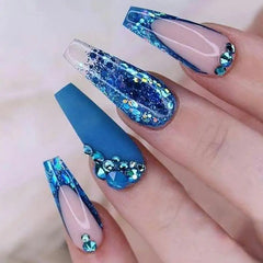 24Pcs Glitter Long Coffin French False Nails with Blue Rhinestone Design Removable Wearable Ballet Press on Nails Manicure