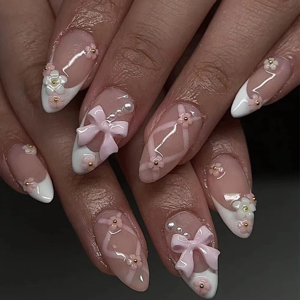 24pcs Nude Pink Cat Eye Press on Nails Shiny French Almond False Nail Tips Wearable Reusable Sweet Flower Decor Fake Nails