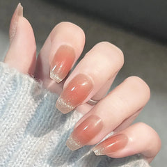 24Pcs French Shiny Cat Eye Fake Nail with Silver Edge Design Short Square Nails Wearable Finished Manicure Jelly Stick on Nails