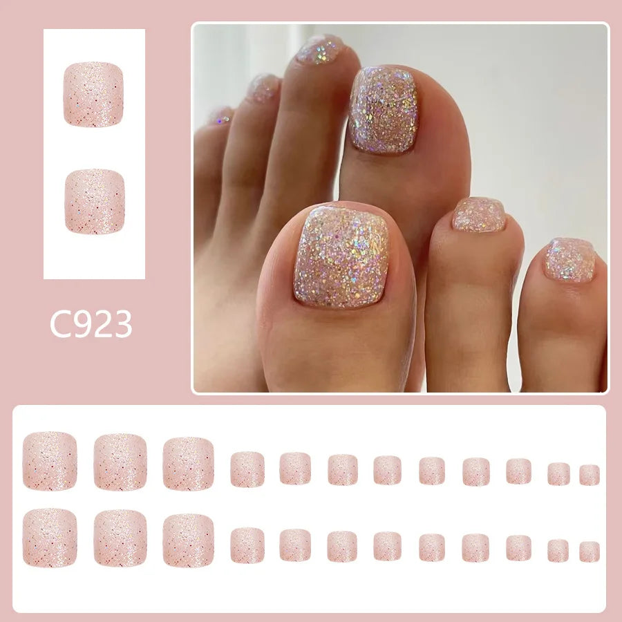 24pcs Summer Beach False Toenails Blue French Square Fake Toenails Wearable Coconut Trees Shell Print Press on Nails for Toe