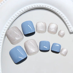 24pcs Summer Blue False Toenails Shiny Powder Cat Eye Fake Toenails Tips Wearable Detachable Spice Girl Press on Toe nails