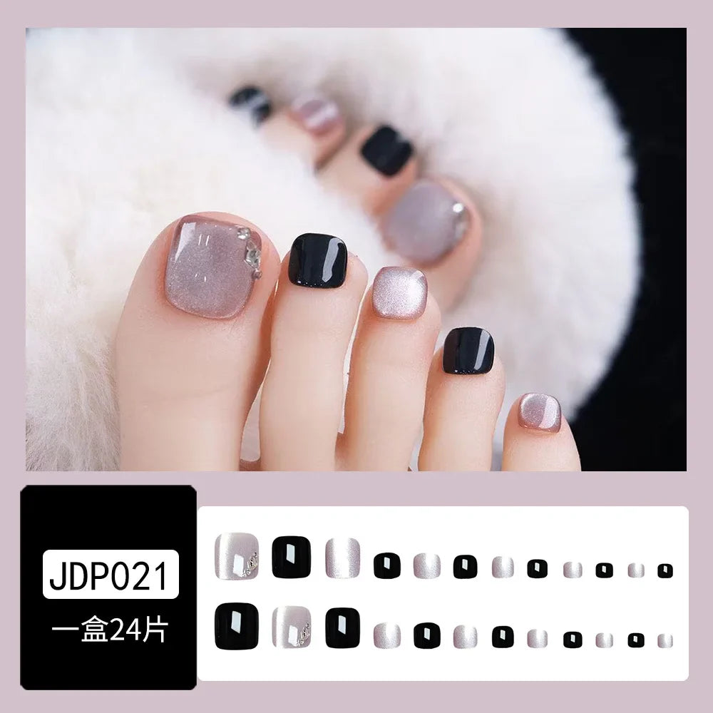24pcs Blue Cat Eye False Toenails shiny Rhinestone Decor Fake Toenails Wearable Reusable Fashion Korean Press on Toenails