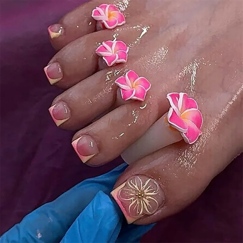 24pcs French False Toe Nails 3d Flowers Design Nail Art Press on Toenails Women Girl Wearable Ins Simple Square Fake Toenails