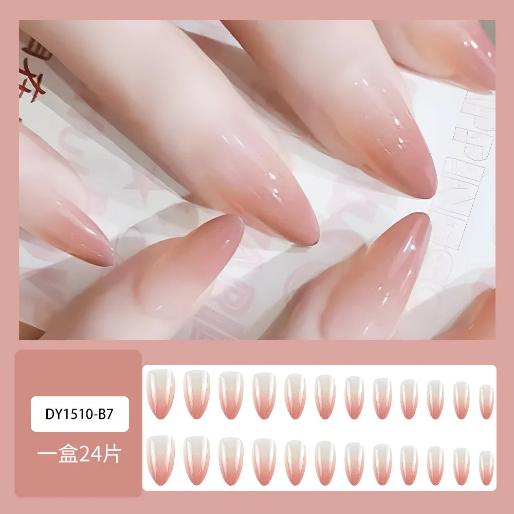 24pcs Nude Pink False Nails Sweet Gradient Pink Almond Fake Nail Tips Wearable Detachable INS Simple Nude Color Press on Nails