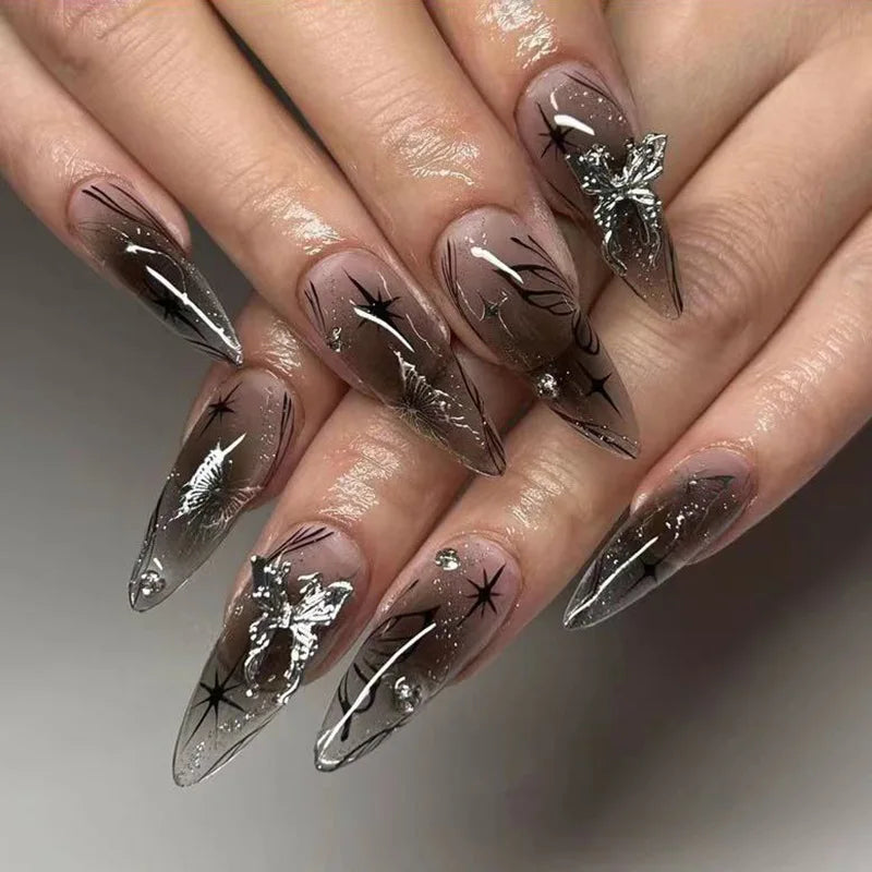 24pcs Long Coffin Gothic Press on Nails Sliver Star Flame Crocodile Print False Nail Wearable European Spicy Girl Fake Nails