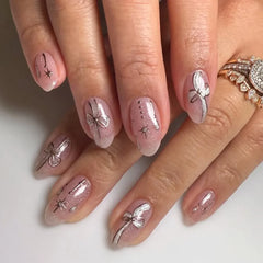 24pcs Short Almond Press on Nails Bohemia Bow Print Sweet Pink False Nail Tips Wearable Reusable Summer Simple French Fake Nails