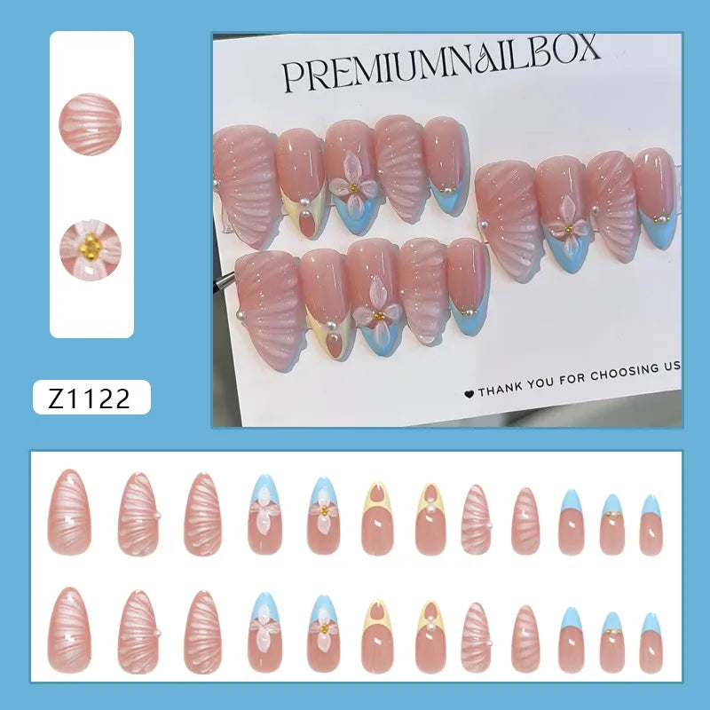 24pcs Pink Flower Press on Nails Ins Sweet Petals Print False Nails for Girl Wearable Reusable Fashion Almond Fake Nail Tips