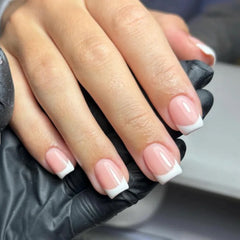 24Pcs Short Square Press on Fake Nails Simple Gradient White Nude Pink False Nails Wearable French Full Cover Nail Art Tips