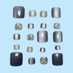 24pcs Blue Cat Eye False Toenails shiny Rhinestone Decor Fake Toenails Wearable Reusable Fashion Korean Press on Toenails