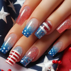 24pcs/set Short Medium square ballet fake nails tip for American Independence Day blue red flowers star flag press on false nail