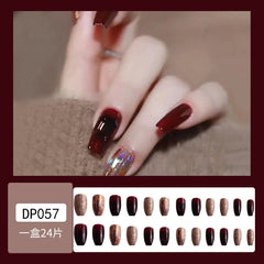 24Pcs Red Fake Nails with 3D White Flower Design Mid Length Coffin Press on Nails Wearable Korean Sweet Flower False Nails