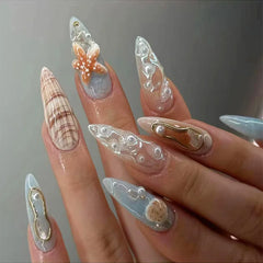 24pcs Blue Ocean Fake Nails Beach Shells Pearl Diamond Design False Nail Tips Korean Sweet Girls Wearable Almond Press on Nails