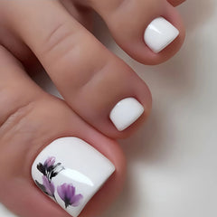 24pcs Summer White False Toenails Ins Simple Flowers Fake Toenails Tips Wearable Detachable Glossy Square Press on Toe nails