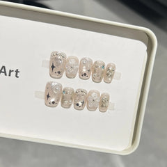 10Pcs Nude 3D Ice Flower Fake Nails White Edge French Manicure Pearl Fashion Handmade Wearable Light Luxury Full Cover Press On