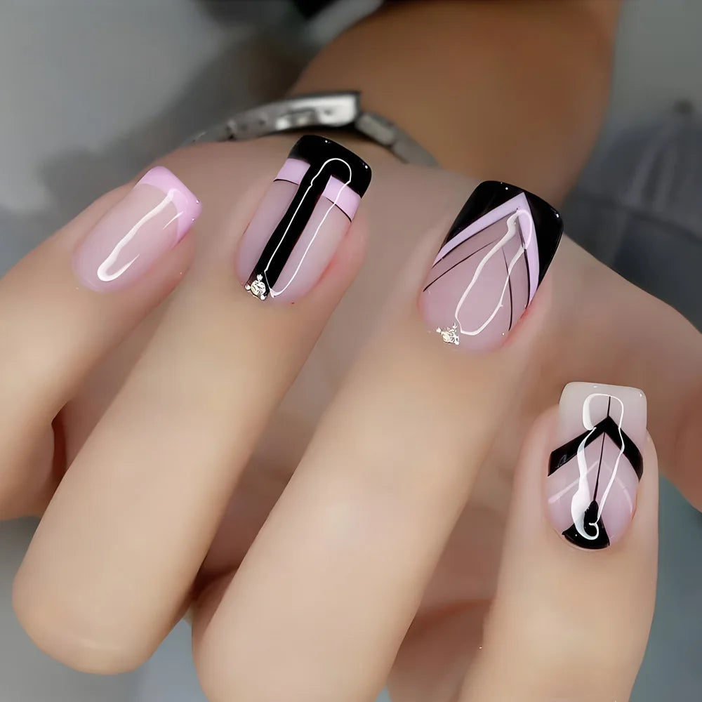 24pcs/set short Medium fake nails square ballet almond nail tips pink beautiful heart for Valentine's Day press on false nails