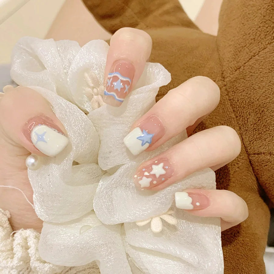 24pcs/set short Medium square fake nails for women gradient nude pink flowers french almond summer tips press on false nail art