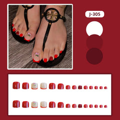 24pcs Red French False Toenails Summer Square Fake Toenails Wearable Detachable Cherry Diamond Decor Press on Nails for Toe