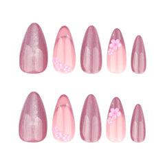 24pcs Nude Pink Cat Eye Press on Nails Shiny French Almond False Nail Tips Wearable Reusable Sweet Flower Decor Fake Nails