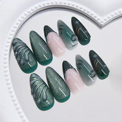 24pcs French Almond Press on Nails Retro Green Cat Eye Fake Nail Tips Detachable Wearable Sweet Cool Spice Girl False Nails