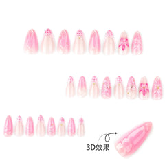 24pcs Sweet Pink Press on Nails 3D Butterfly Flowers Decor False Nail Tips Wearable Detachable Ins Korean Almond Fake Nails