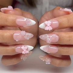 10Pcs White French Fake Nail with Glue Almond Press on False Naills Pink 3D Bow Camellia Design Nails Art Wearable Manicure Tips