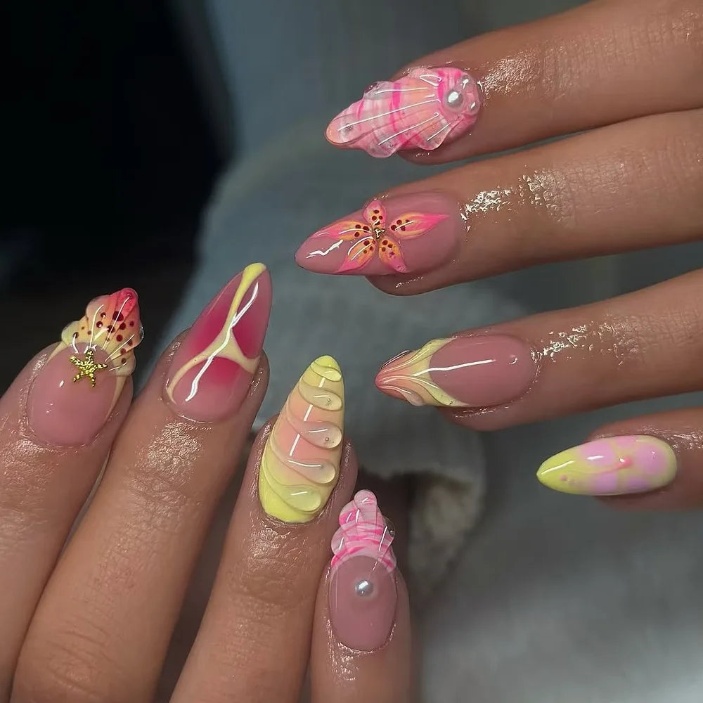 24pcs Summer Almond Press on Nails Ins Simple Flower Shell Decor French False Nails Wearable Reusable Fake Nails for Women Girl