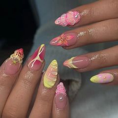 24pcs Summer Almond Press on Nails Ins Simple Flower Shell Decor French False Nails Wearable Reusable Fake Nails for Women Girl