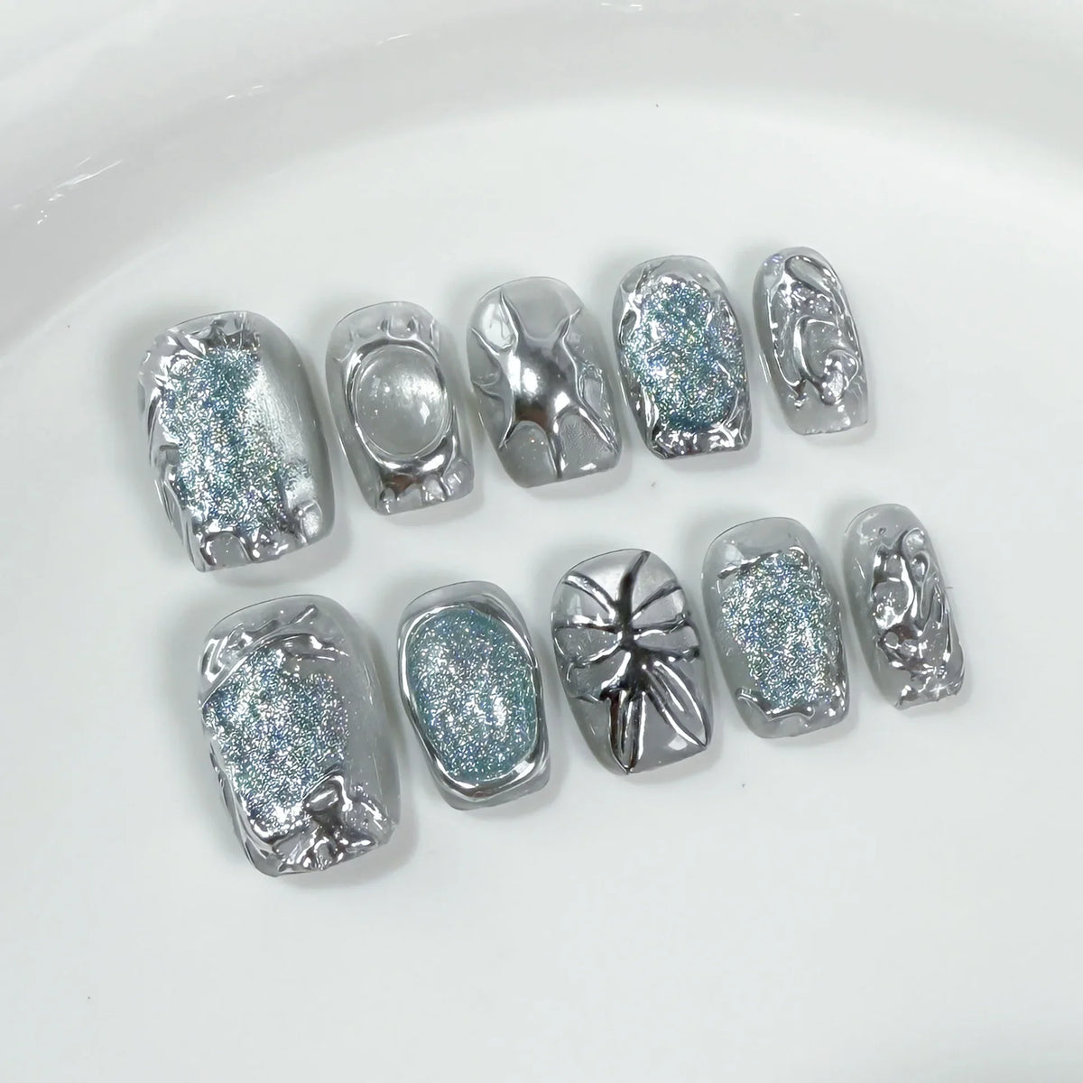 10Pcs Short Square Head Acrylic Nails Full Cover Metal Blue Cat's Eye Design Fake Nails Sweet Cool Reusable Nail for Spice Girls