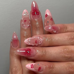 24pcs Sweet Pink Press on Nails with Bow Lipstick Print French Fake Nail Tips Wearable Detachable Ins Simple Korean False Nails